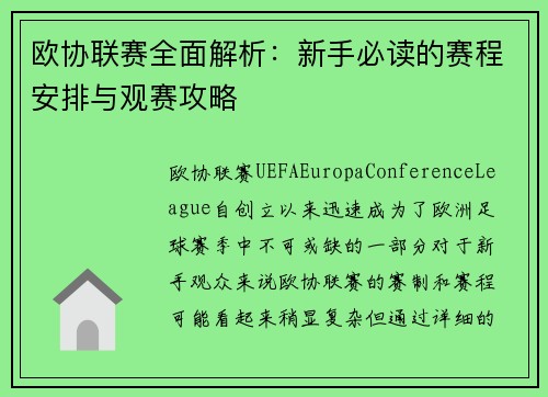 欧协联赛全面解析：新手必读的赛程安排与观赛攻略
